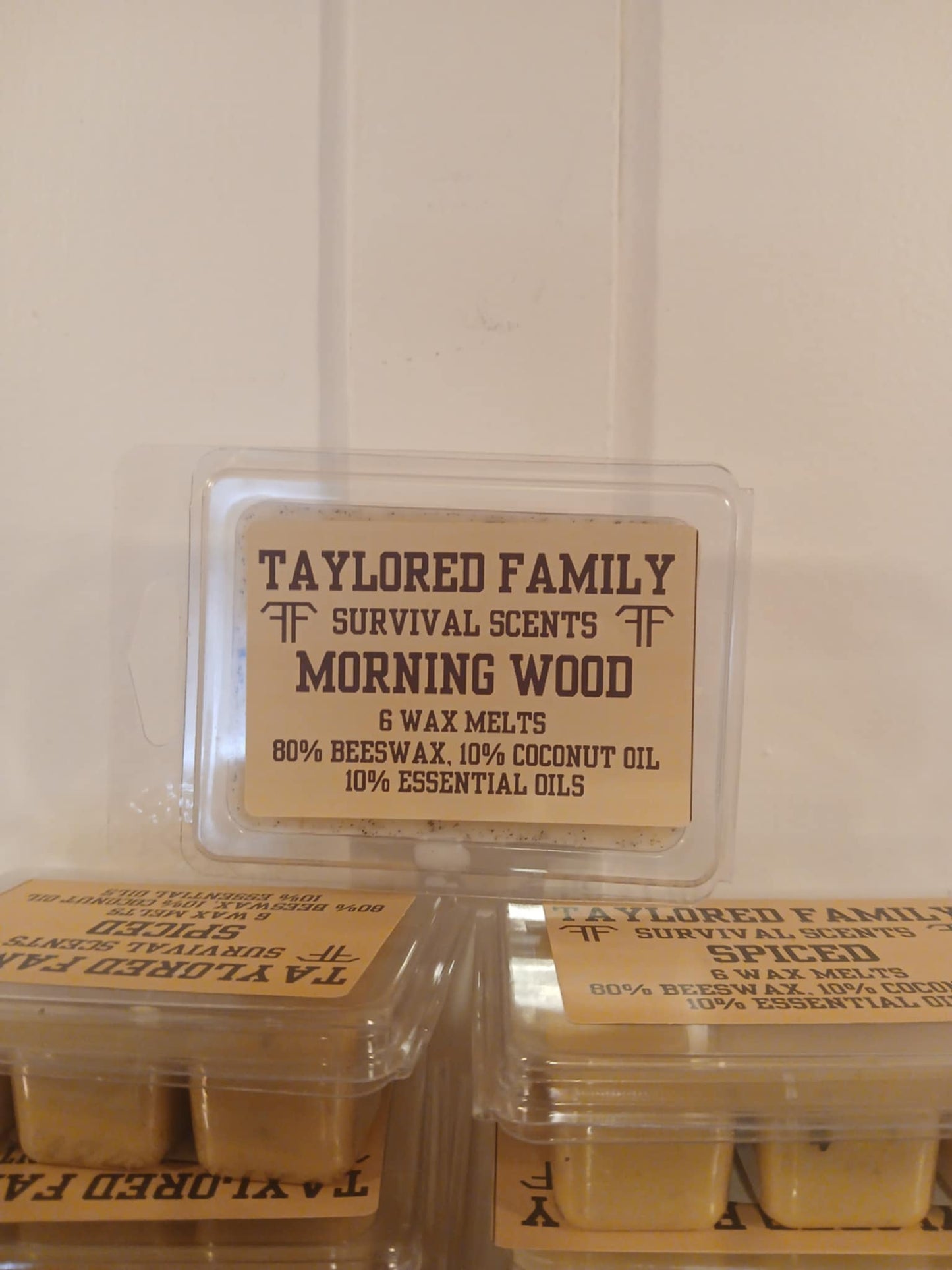 Morning Wood Wax Melts — Taylored Family Survival Scents, 6-Pack, Beeswax & Essential Oils, Hand-Poured USA