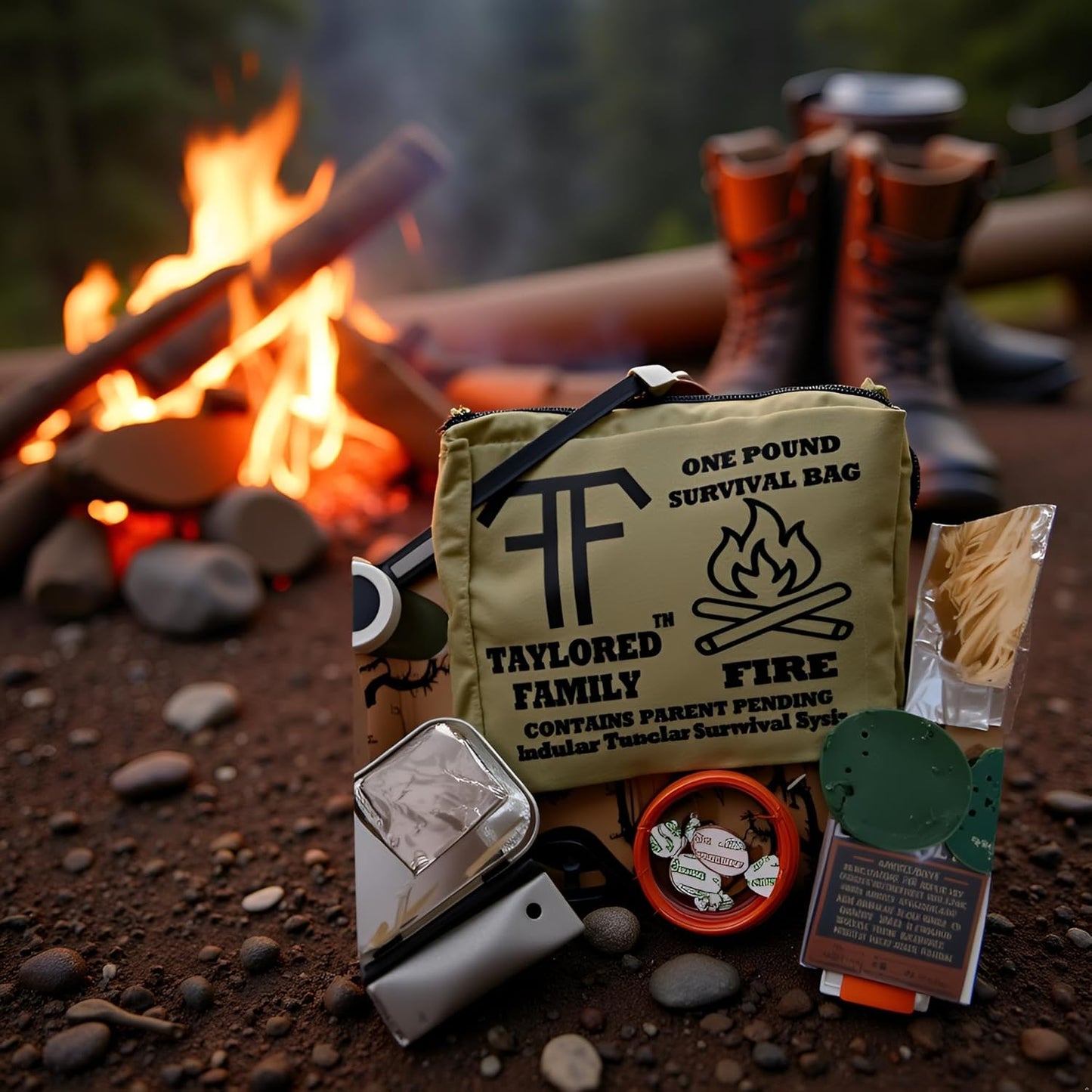Taylored Family™ One-Pound Fire Bag — Fire Starting Tin (Magnesium Ferro Rod, Sealed Matches, Jute, Lighter) + Wax Tinder — Packable Emergency Fire Kit (Patent Pending Module)