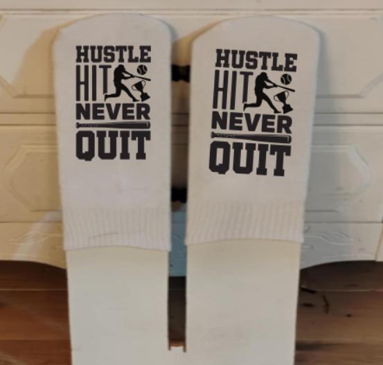 Hustle Hit, Never Quit. Ankle Socks Using sublimation printing, we create bold, designs that won’t fade, crack, or peel. Custom Printed