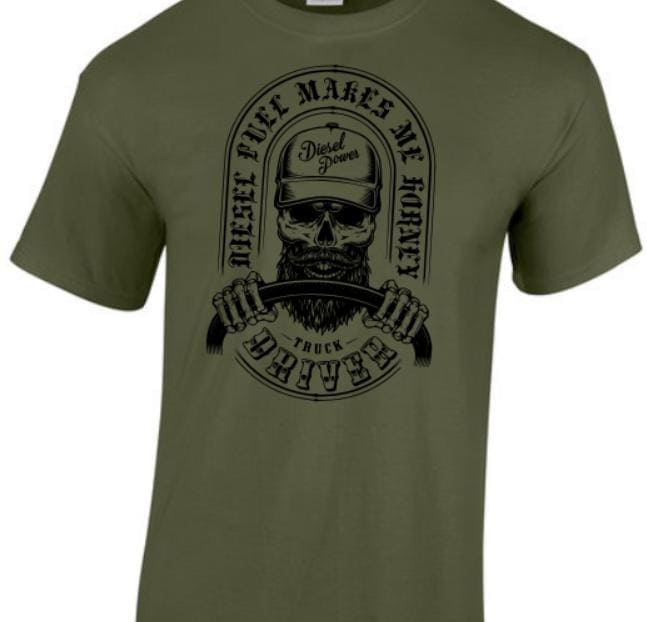 Diesel Makes me Horney T-shirt. Taylored Family Blue Collar Clothing Men's T-Shirts with Graphics, 100% Polyester, Bold Design for Men.