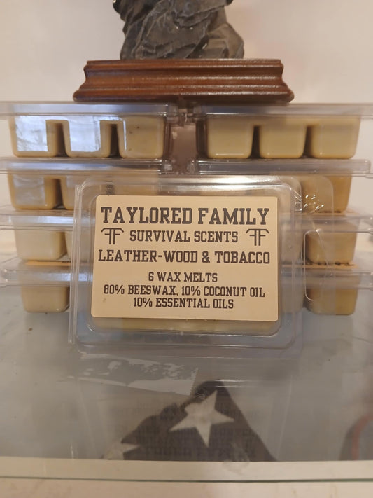 Leather-Wood and Tobacco, Taylored Family Survival Scents, 6-Pack, Beeswax & Essential Oils, Hand-Poured USA