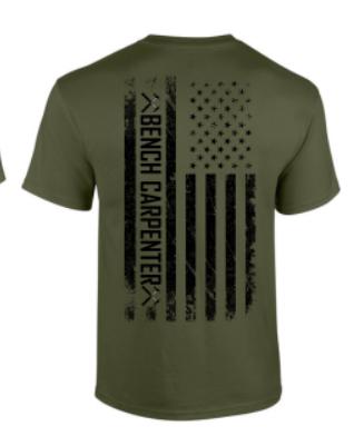 Bench Carpenter Flag T-shirt. Taylored Family Blue Collar Clothing Men's T-Shirts with Graphics, 100% Polyester, Bold Design for Men.