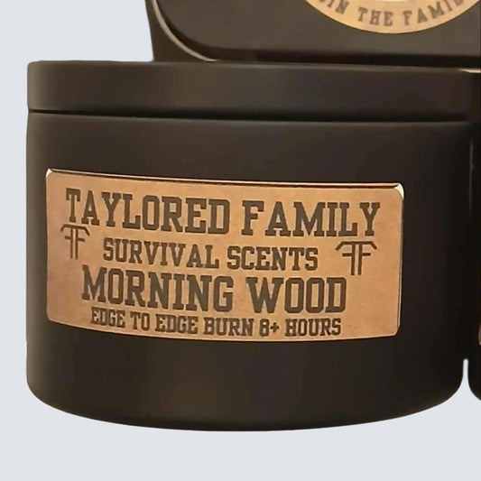 Taylored Family Morning Wood Man Gift Set | 8 oz Triple-Wick Candle with Bold Cedar & Leather Scent + Moisture-Wicking Socks + MTS Module + 6" Vinyl Decal Pack | Perfect for Work & Hiking