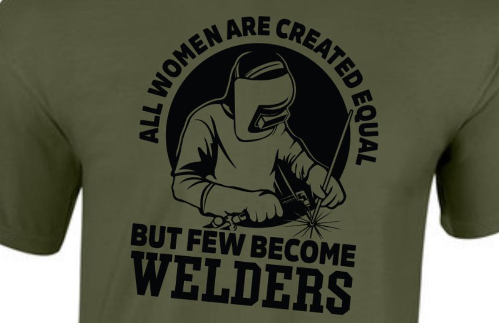 Woman Welder, Blue Collar Women T-shirt. Taylored Family Blue Collar Clothing T-Shirts with Graphics, 100% Polyester, Bold Design for Women