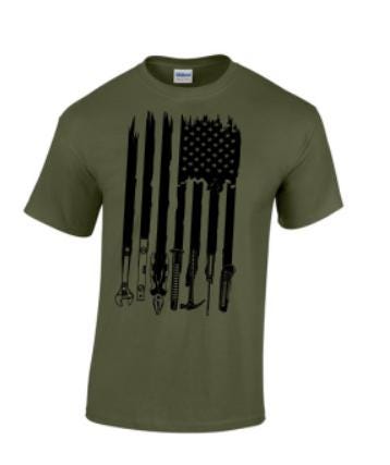 Construction Tool Flag T-shirt. Taylored Family Blue Collar Clothing Men's T-Shirts with Graphics, 100% Polyester, Bold Design for Men.