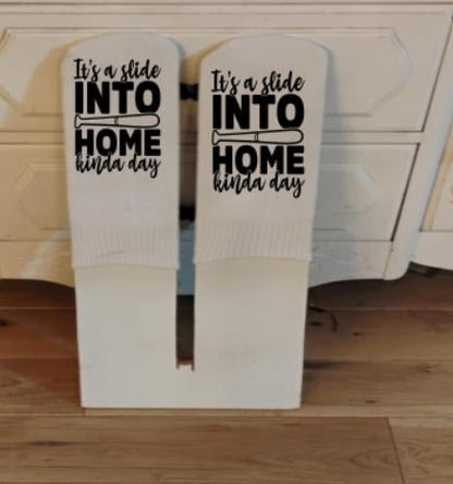 Slide into home kind of day, Sublimation Printed Socks, The ink will not wash off and will last longer then the socks. Unliked vinyl.
