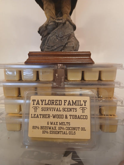 Leather-Wood and Tobacco, Taylored Family Survival Scents, 6-Pack, Beeswax & Essential Oils, Hand-Poured USA