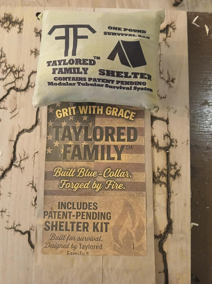 Taylored Family™ Emergency Shelter Kit — Tube Tent (56×96) w/ 14 ft Cord + 2 Emergency Blankets (52×82.5) + 2 Red Rain Ponchos (39.4×50) + 20-ga Utility Shell (Matches & Line)