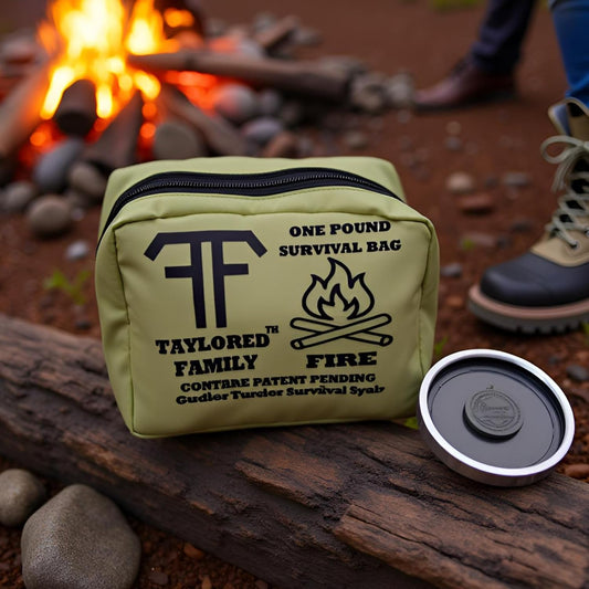 Taylored Family™ One-Pound Fire Bag — Fire Starting Tin (Magnesium Ferro Rod, Sealed Matches, Jute, Lighter) + Wax Tinder — Packable Emergency Fire Kit (Patent Pending Module)