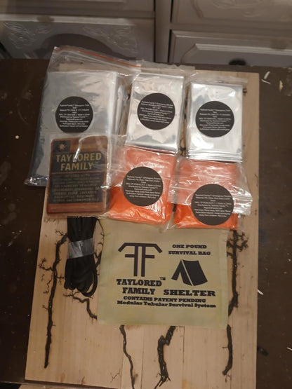 Taylored Family™ Emergency Shelter Kit — Tube Tent (56×96) w/ 14 ft Cord + 2 Emergency Blankets (52×82.5) + 2 Red Rain Ponchos (39.4×50) + 20-ga Utility Shell (Matches & Line)