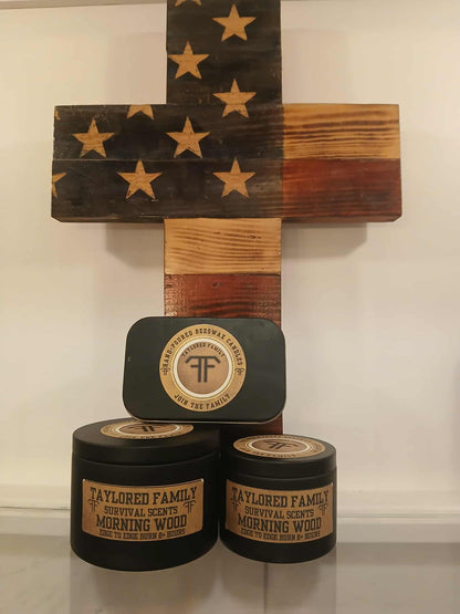 Taylored Family Survival Scents Morning Wood - 8+ Hours Edge to Edge Burn - Hand Poured 90% Beeswax 10% Coconut Oil Blend - Unique Aged Leather Smoky Wood Earthy Spice Scent