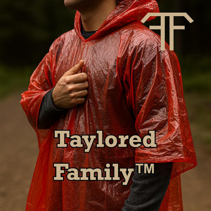Taylored Family™ Emergency Shelter Kit — Tube Tent (56×96) w/ 14 ft Cord + 2 Emergency Blankets (52×82.5) + 2 Red Rain Ponchos (39.4×50) + 20-ga Utility Shell (Matches & Line)