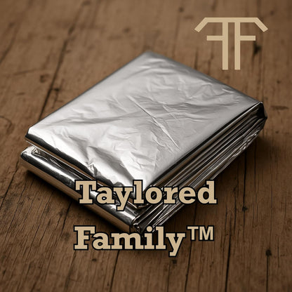 Taylored Family™ Emergency Shelter Kit — Tube Tent (56×96) w/ 14 ft Cord + 2 Emergency Blankets (52×82.5) + 2 Red Rain Ponchos (39.4×50) + 20-ga Utility Shell (Matches & Line)