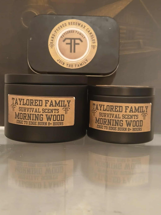Taylored Family Survival Scents Morning Wood - 8+ Hours Edge to Edge Burn - Hand Poured 90% Beeswax 10% Coconut Oil Blend - Unique Aged Leather Smoky Wood Earthy Spice Scent