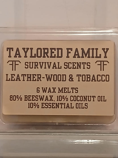 Leather-Wood and Tobacco, Taylored Family Survival Scents, 6-Pack, Beeswax & Essential Oils, Hand-Poured USA