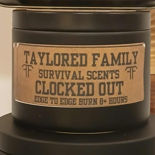 Taylored Family Survival Scents Clocked Out -Edge to Edge Burn - Hand Poured 90% Beeswax 10% Coconut Oil Blend - Unique Aged Leather Smoky Wood Earthy Spice Scent