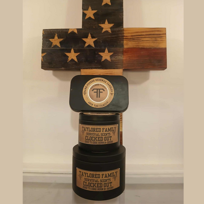 Taylored Family Survival Scents Clocked Out -Edge to Edge Burn - Hand Poured 90% Beeswax 10% Coconut Oil Blend - Unique Aged Leather Smoky Wood Earthy Spice Scent