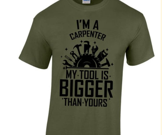 My tool is bigger than yours. Taylored Family Blue Collar Clothing Men's T-Shirts with Graphics, 100% Polyester, Bold Design for Men.