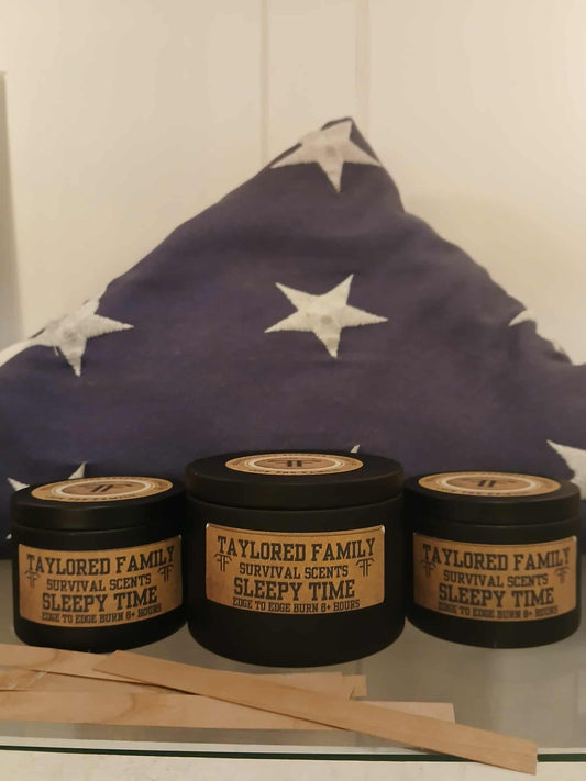 Taylored Family Survival Scents Sleepy Time -Edge to Edge Burn - Hand Poured 90% Beeswax 10% Coconut Oil Blend - Unique Aged Leather Smoky Wood Earthy Spice Scent