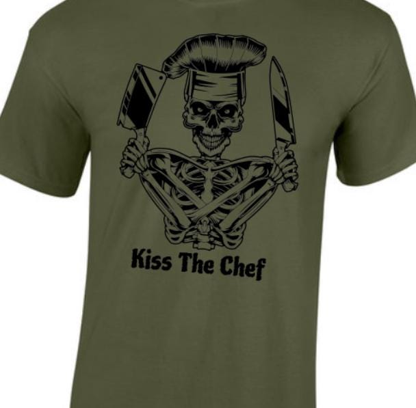 Kiss The Chef. Taylored Family Blue Collar Clothing Men's T-Shirts with Graphics, 100% Polyester, Bold Design for Men.