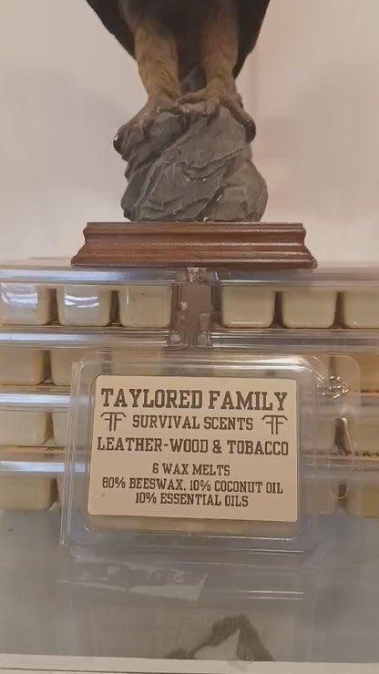 Leather-Wood and Tobacco, Taylored Family Survival Scents, 6-Pack, Beeswax & Essential Oils, Hand-Poured USA